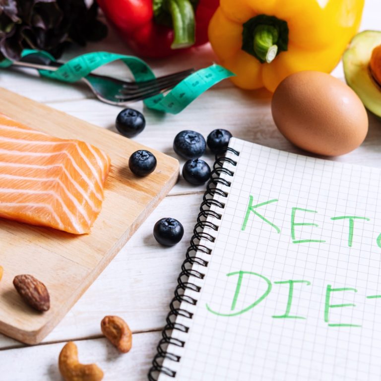 Healthy eating food with notebook, Ketogenic diet concept, Top view